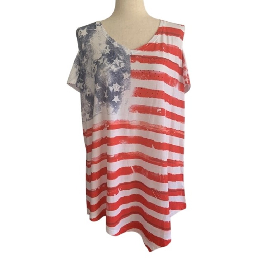 American Flag Top XL NWT Patriotic July 4th Cold Shoulder Festival Tee